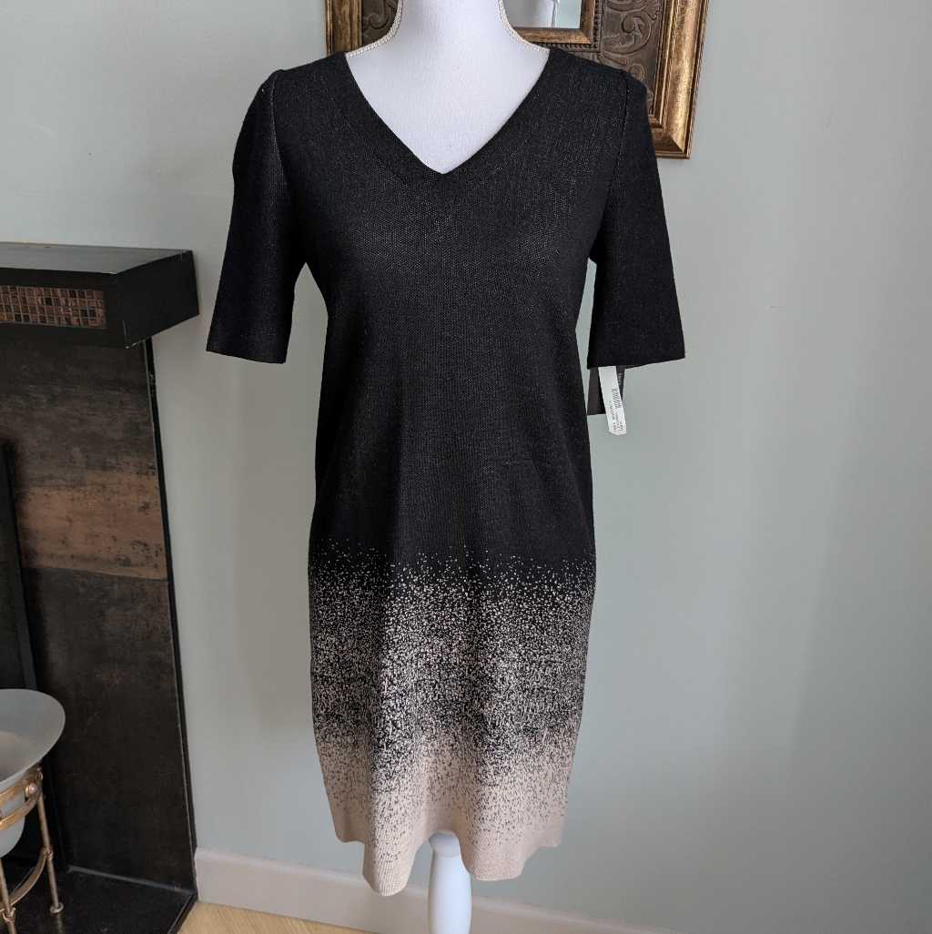 New Buchanan Kang Women's 4 Beige Black Short Sleeve V Neck Dress Knit Ombre 167